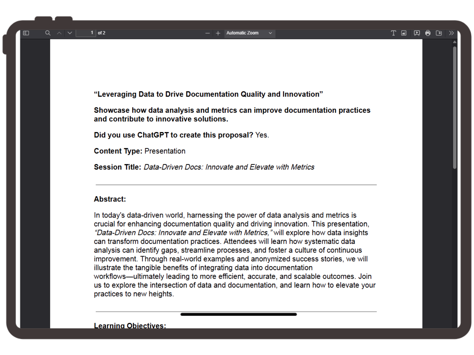 Data Driven Docs Talk Proposal Screenshot