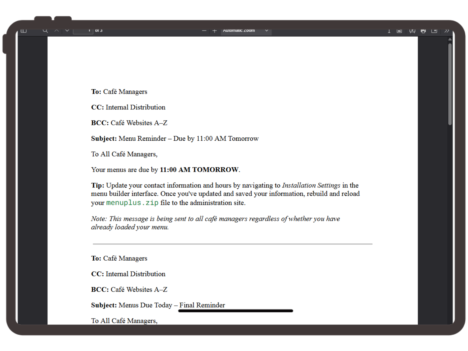 Menu Reminder Template Screenshot