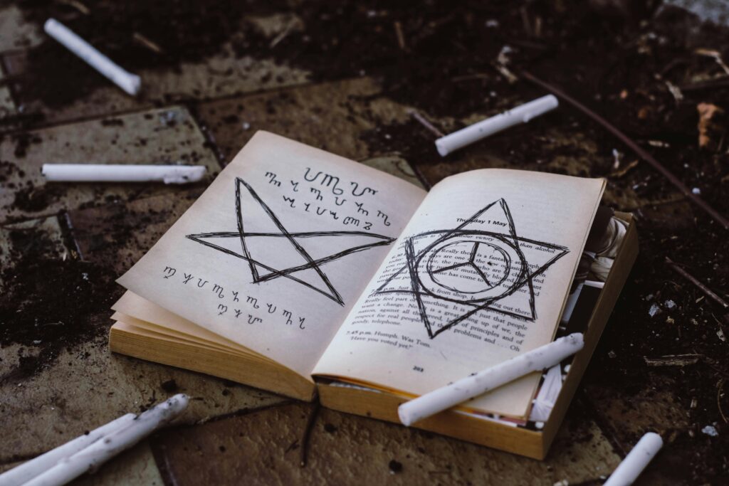 Open book with mystical symbols surrounded by candles, suggesting witchcraft and the occult.