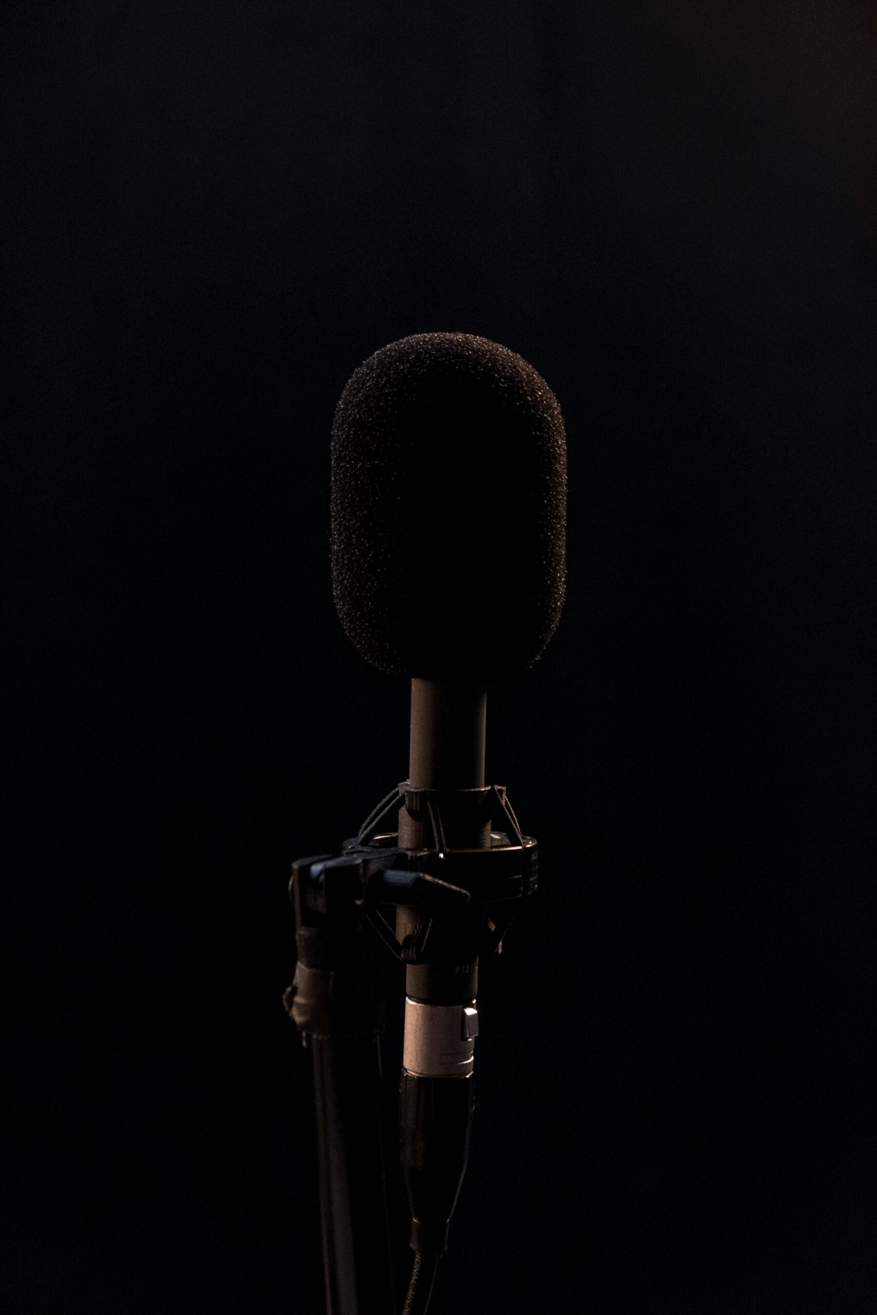Close-up of a black microphone in a studio setting, isolated on a dark background.